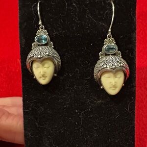 Sterling Silver Bali Style Earrings Blue Topaz Accent Stones